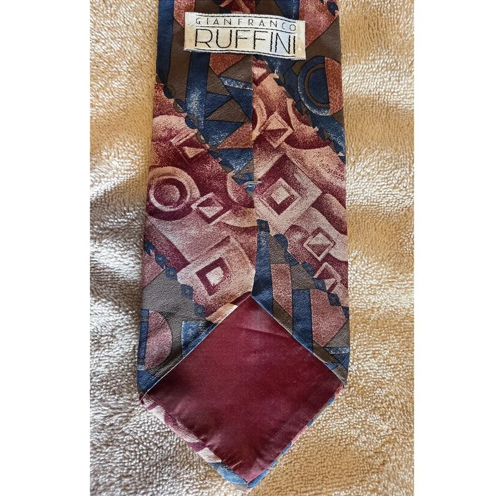 Gianfranco Ruffini Silk Tie Abstract Geometric Retro 90s Pattern Blue‎ Burgundy